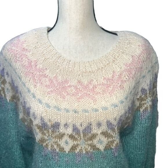 Studio Michelle Stuart Sweater Womens M Teal Mohair Wool Blend Hand Knit Nordic - Picture 3 of 12